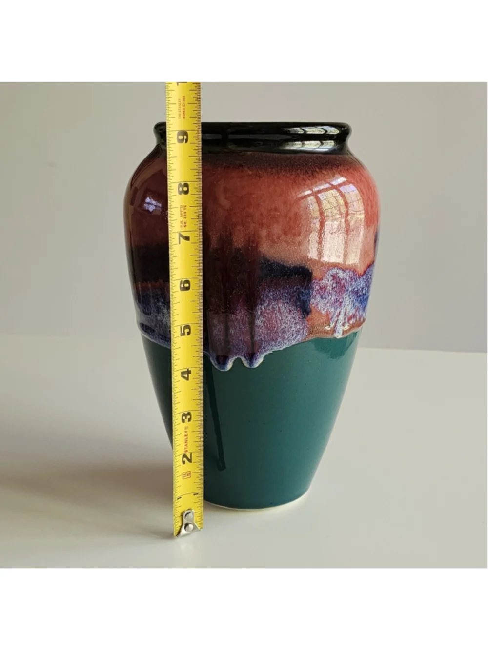 Vintage Studio Pottery Glazed Ceramic Vase - MCM Drip Glaze Teal - Signed 9
